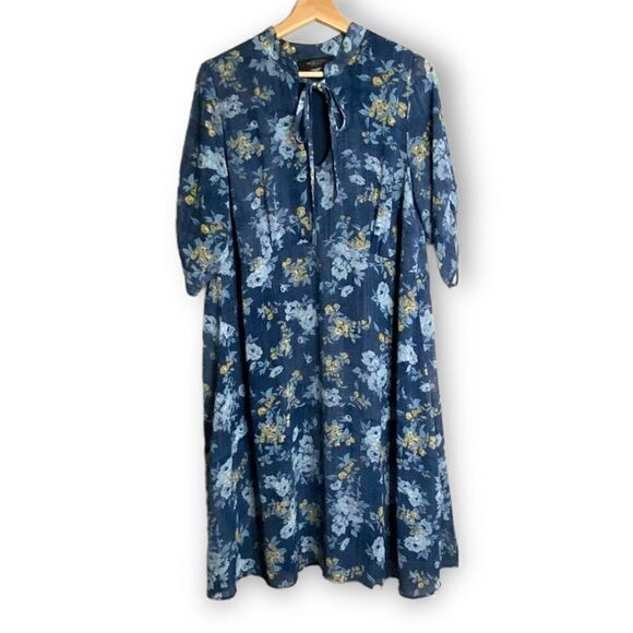MICHEL STUDIO Blue Floral Midi Dress 3/4 Sleeve Fully Lined US Sz 12 - Picture 4 of 10